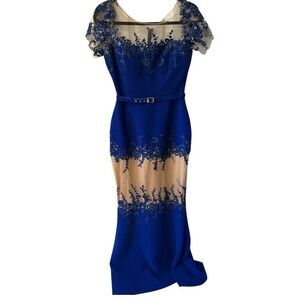 Saiid Kobeisy dress womens S 4-6 pageant belted gown Blue sheer evening formal